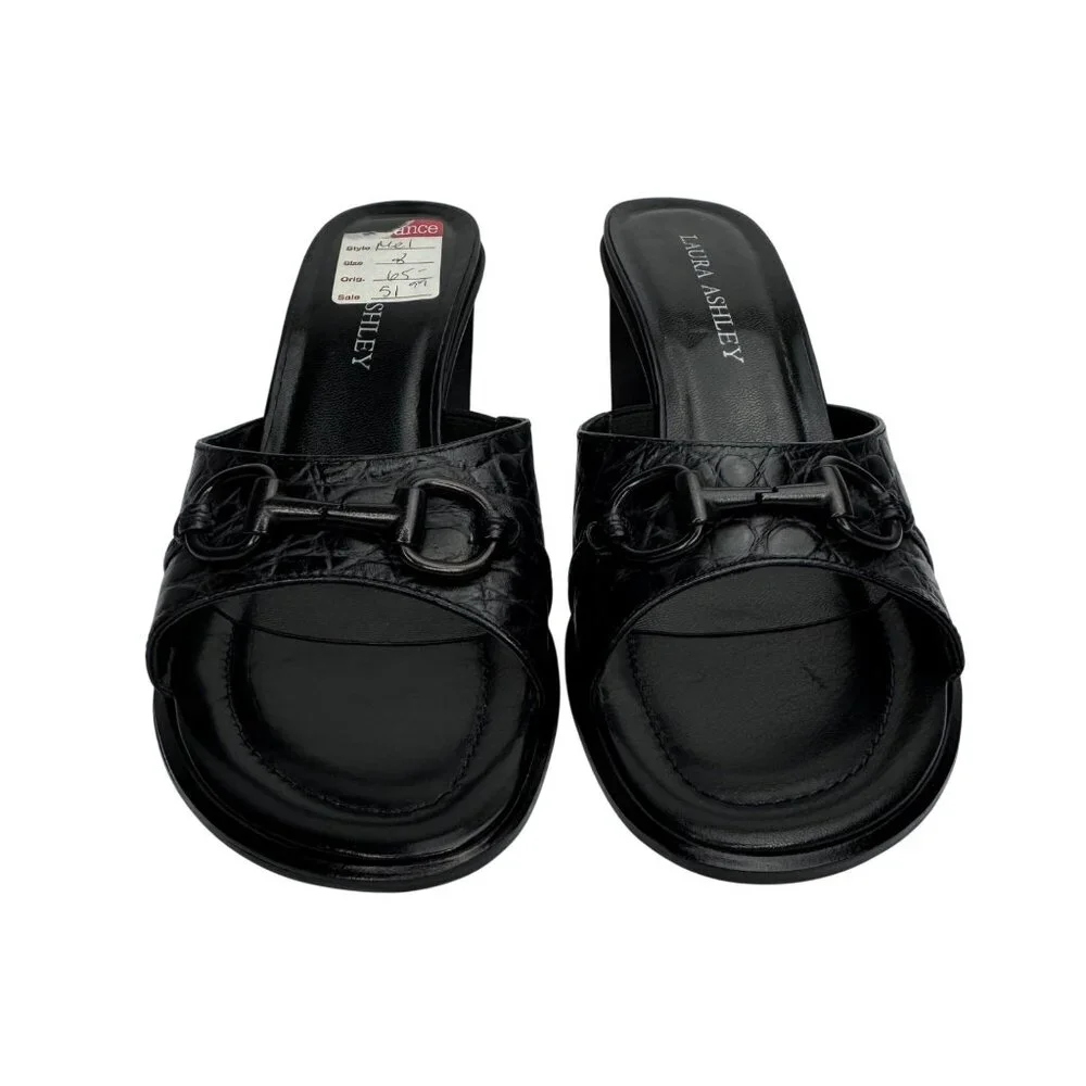 Vintage Y2K Laura Ashley Black Croc-Embossed Leather Slide Sandals Buckle Detail